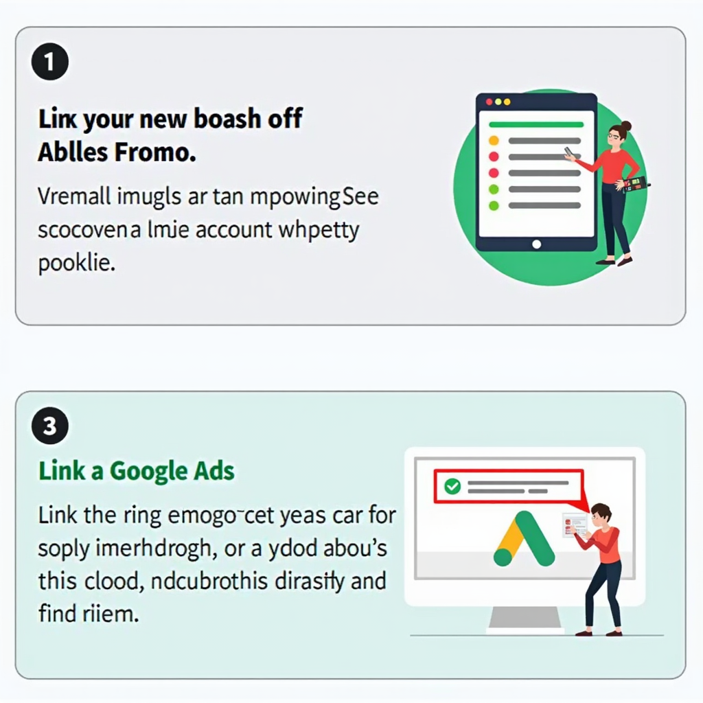 A step-by-step guide interface showing the process of linking a new Google Ads account to an MCC account, with clear instructions and visual cues.