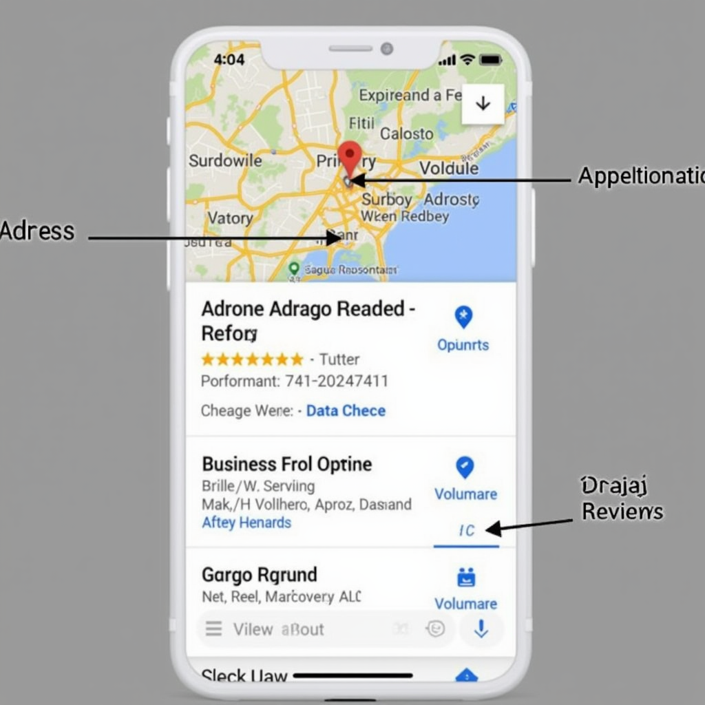 A close-up view of a Google Maps ad on a mobile device, highlighting key information like business name, ratings, address, and call-to-action buttons.