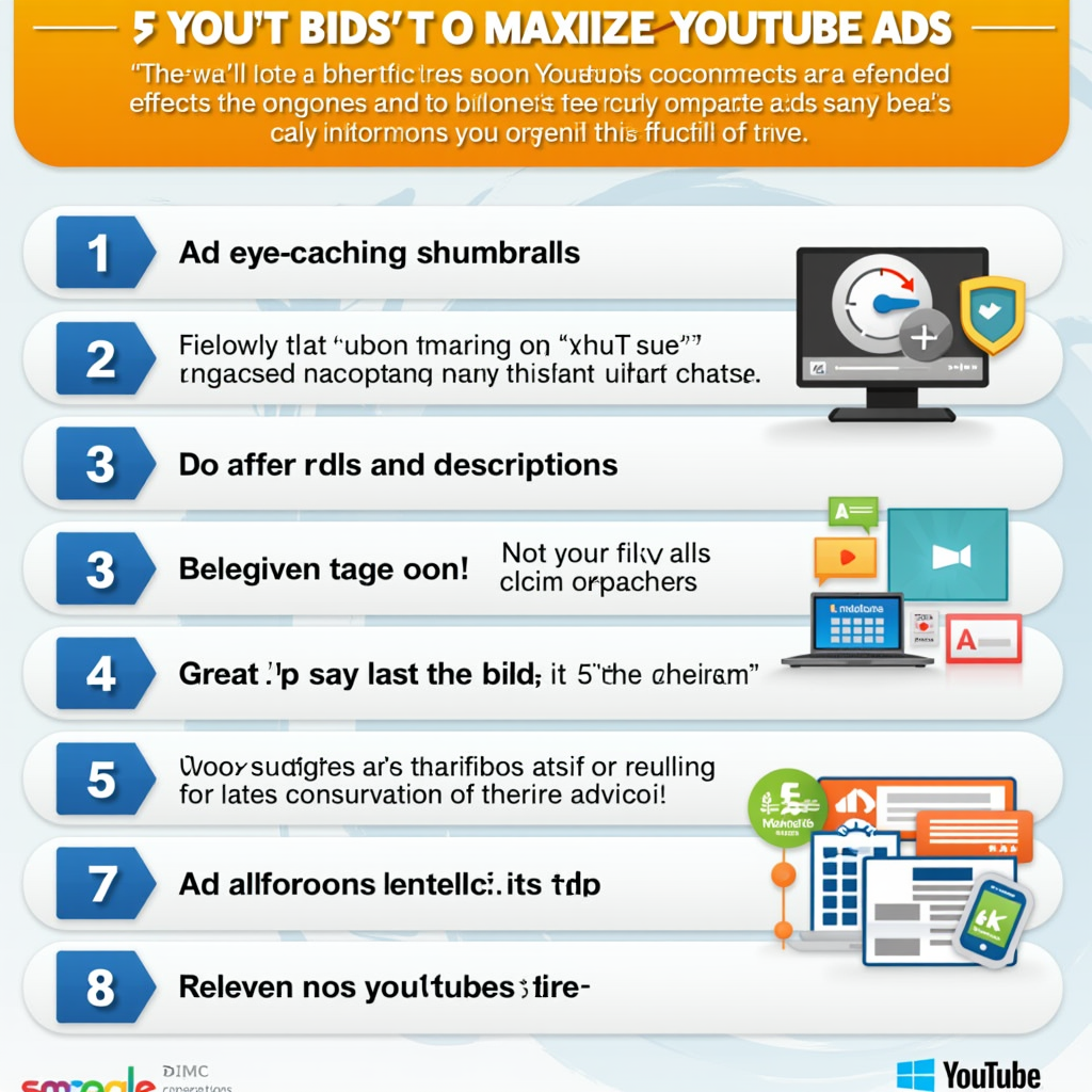 A vibrant infographic showcasing the top tips for maximizing the effectiveness of YouTube ads, including eye-catching thumbnails, compelling titles and descriptions, relevant tags, audience engagement, and the use of helpful tools.