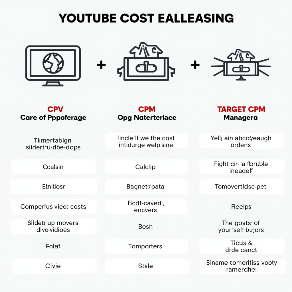 A detailed infographic illustrating the different cost calculation methods for YouTube advertising, including CPV, CPM, and target CPM. The infographic should be easy to understand and visually appealing.