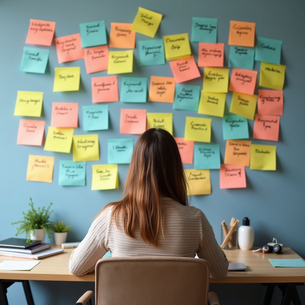 A person sitting at a desk, surrounded by sticky notes with different types of keywords written on them. They are brainstorming and organizing their keyword strategy for SEO. The scene is creative and focused.