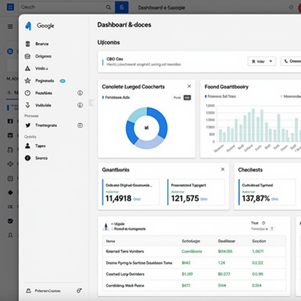A digital dashboard displaying multiple Google Ads accounts under a single umbrella, highlighting key metrics and performance indicators with a clean and professional design.