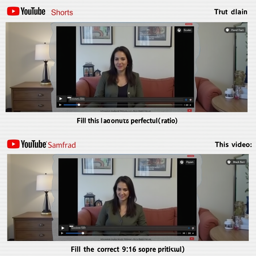A split-screen comparison showing a YouTube Shorts video uploaded with the correct 9:16 aspect ratio on one side, and a video uploaded with an incorrect ratio on the other. The correct video should fill the screen perfectly, while the incorrect video should have black bars or be cropped awkwardly.