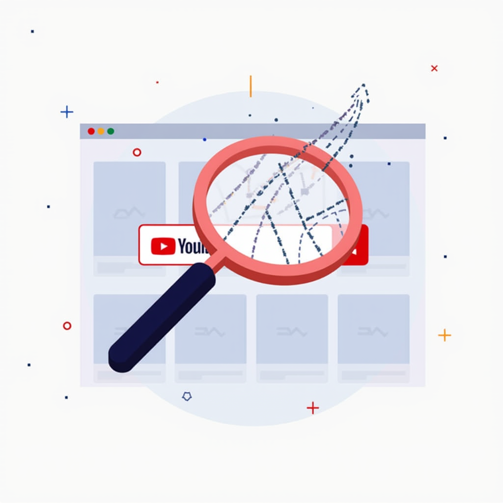 A digital illustration depicting a magnifying glass hovering over a YouTube search bar filled with trending search terms, symbolizing the importance of keyword research for video visibility.