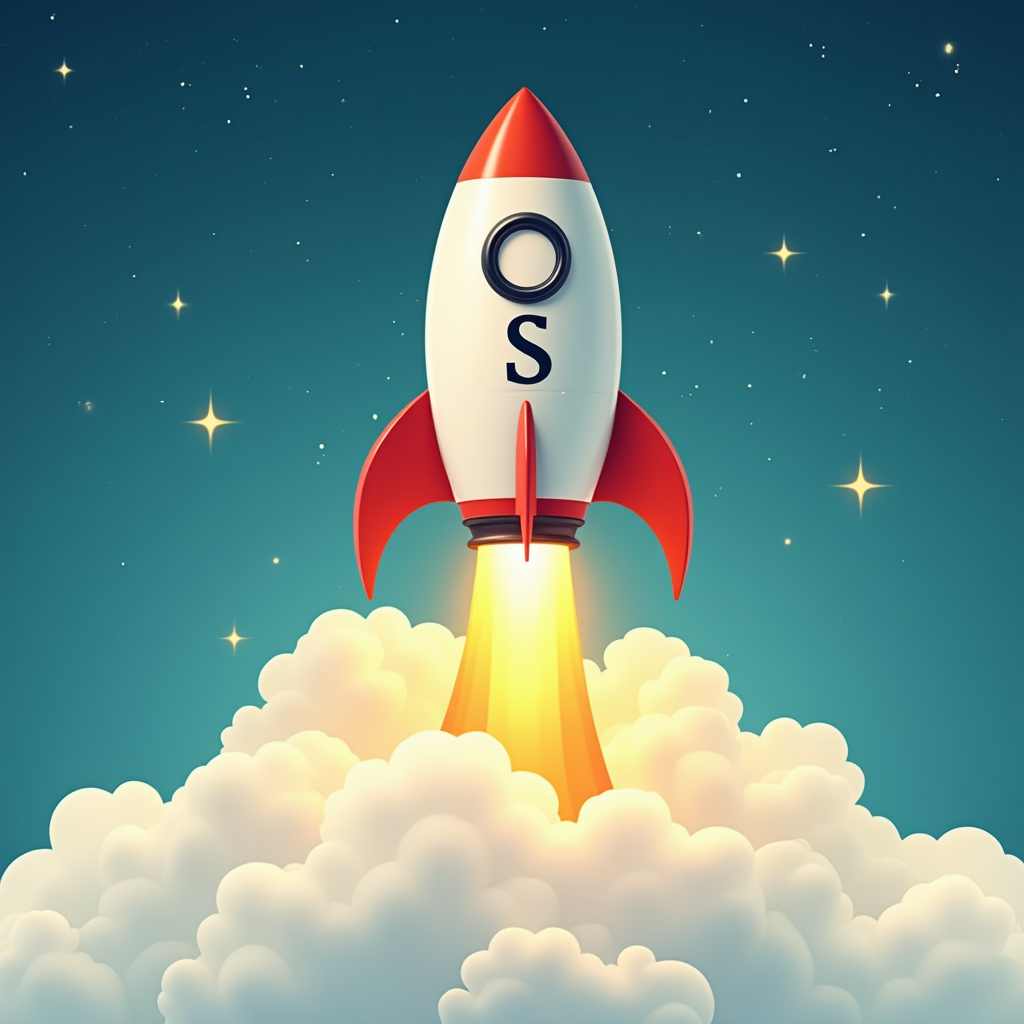 A rocket ship launching upwards with 'SEO' written on it, symbolizing improved website rankings and traffic growth. Background showing a clear sky and stars.