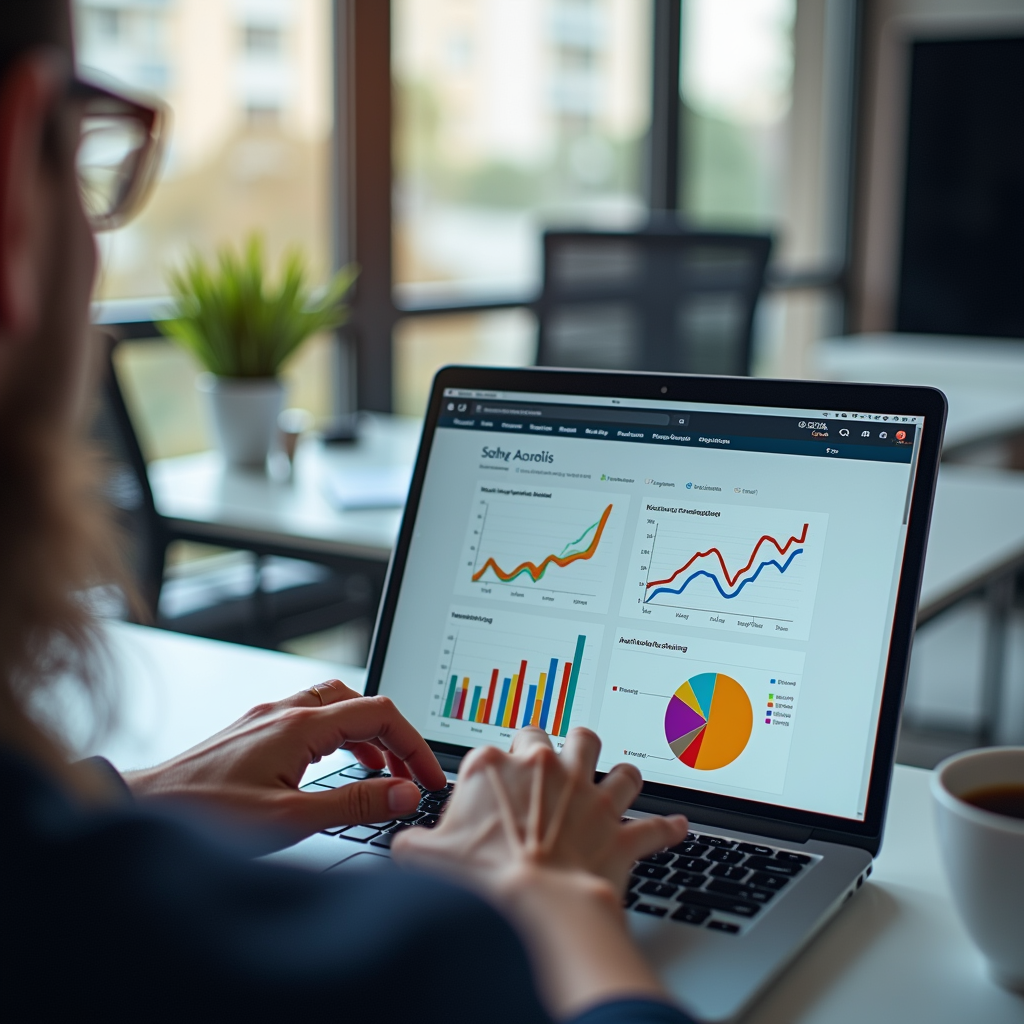 An SEO specialist working on a laptop with graphs and charts analyzing website traffic, keywords, and rankings. Focus on the data-driven aspects of SEO. Modern office setting.