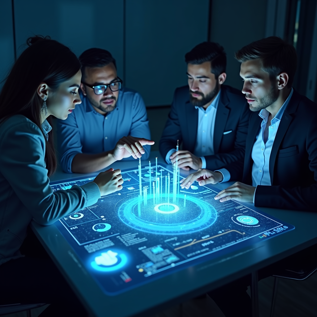 A group of business professionals collaborating around a holographic table displaying data analytics and ABM strategies, highlighting targeted campaigns and multi-channel execution.