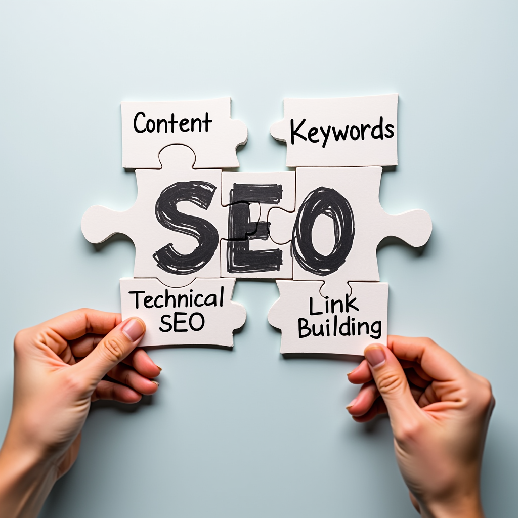 A hand placing puzzle pieces labeled 'Content', 'Keywords', 'Technical SEO', 'Link Building' together, forming the word 'SEO'. Represents the holistic nature of SEO.