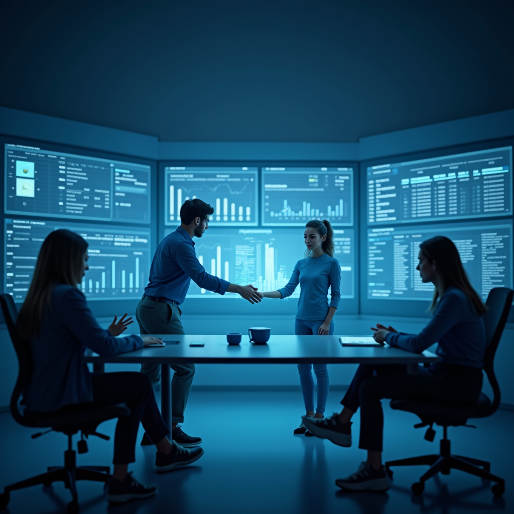 A futuristic office environment with holographic spreadsheets and AI assistants helping professionals analyze data. The scene should be bright, modern, and convey a sense of efficiency and innovation.