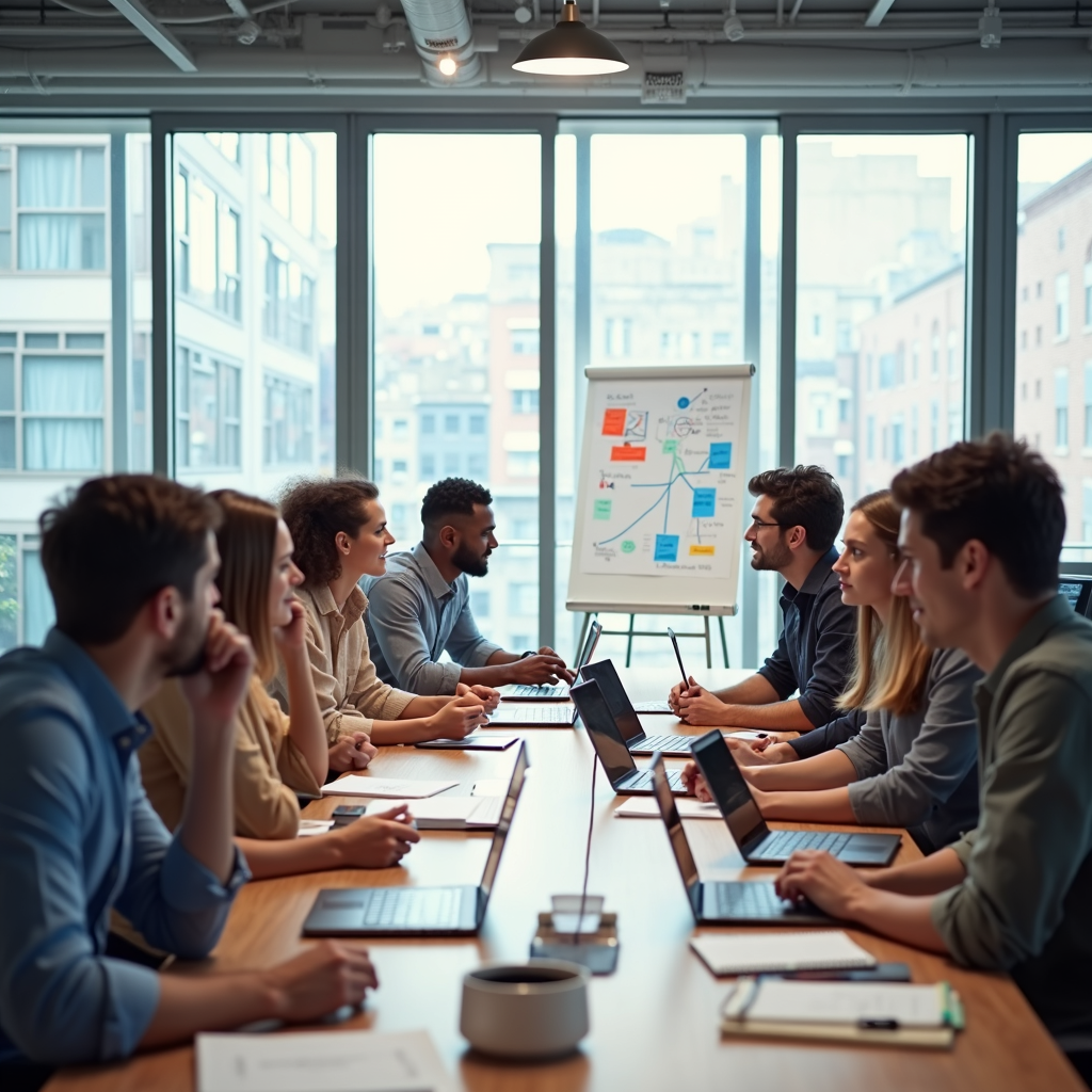 A diverse team brainstorming digital marketing strategies around a large table in a modern office, with laptops, tablets, and whiteboards filled with ideas. Focus on collaboration and innovation.