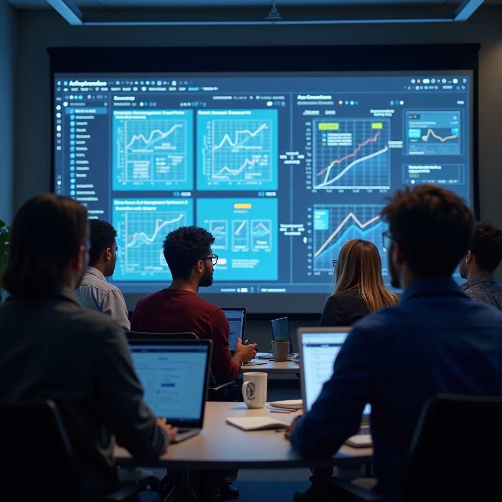 A diverse team of data analysts collaborating around a large interactive screen displaying an AI-powered spreadsheet tool. The atmosphere should be collaborative, energetic, and focused on problem-solving.